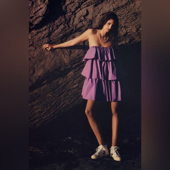 Anthro Corey Lynn Calter Balbina Strapless Mini Dress Ruffle Mauve Small New - Picture 3 of 15